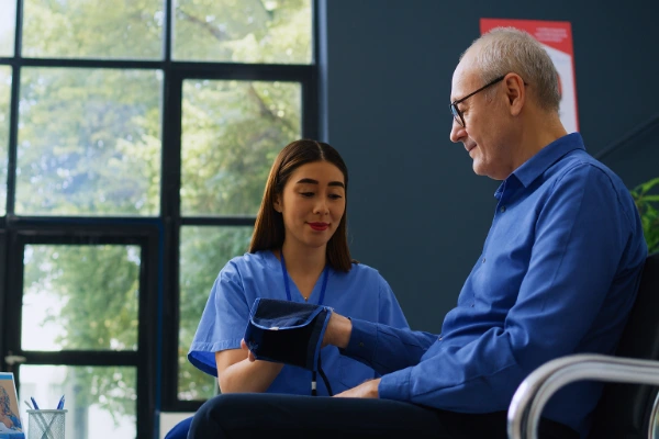 A nurse checks an older man’s blood pressure in a modern clinic with natural light streaming through large windows.